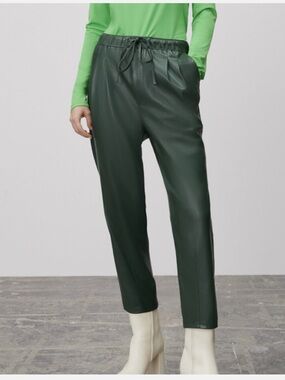Zara Dark Green Faux Leather Drawstring Ankle Pants